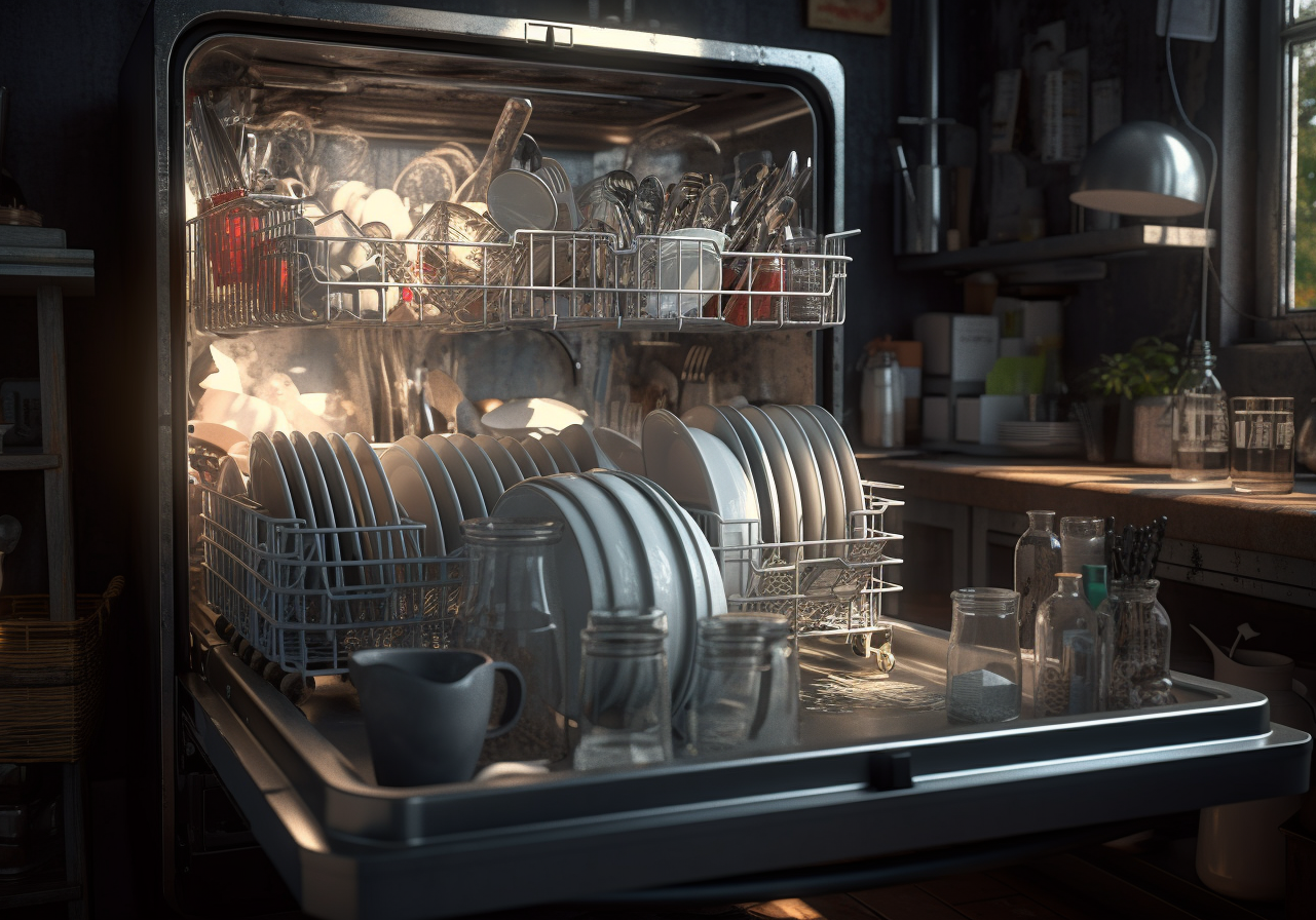 an old, cluttered, dishwasher