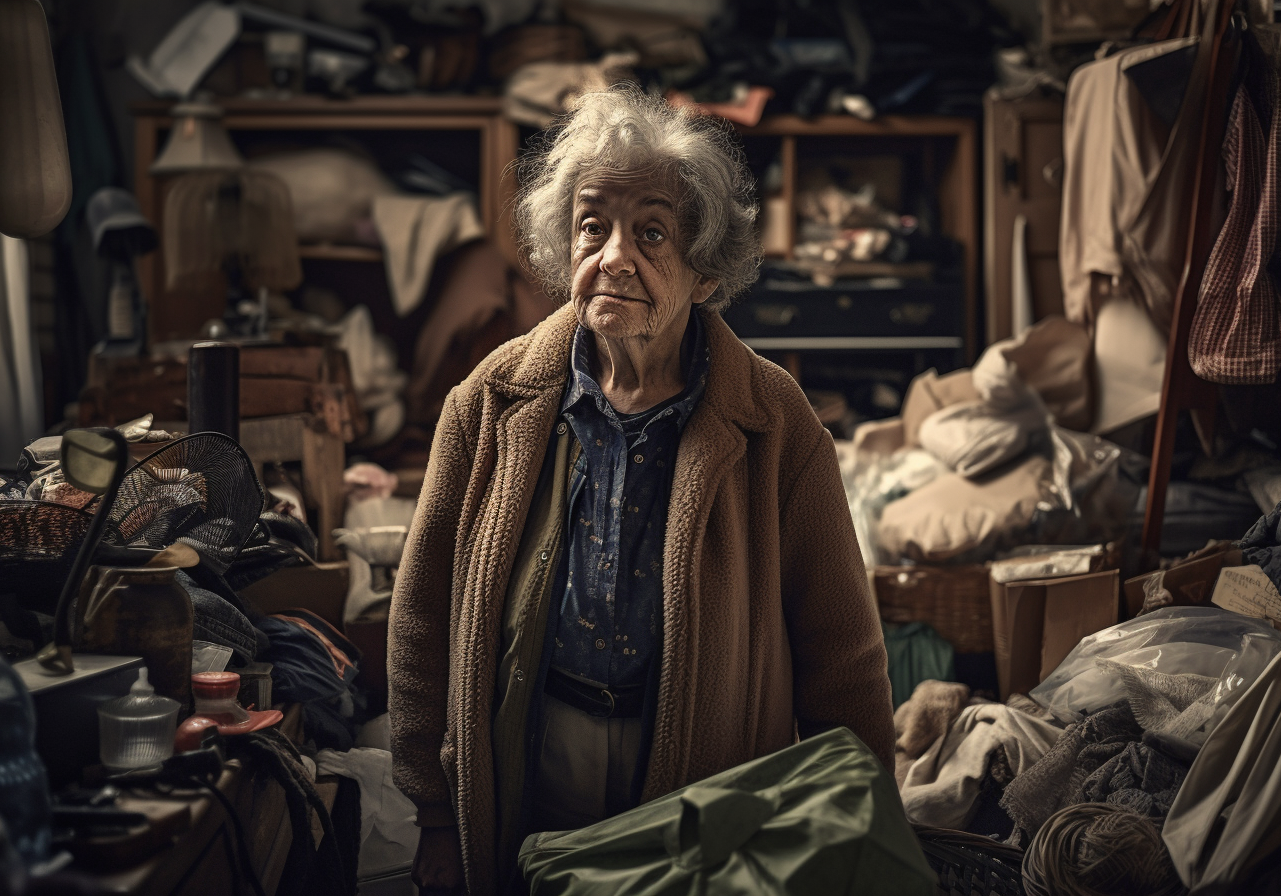 An elderly woman standing in a room full of boxes.